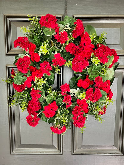 Red geranium and begonia wreath 30”