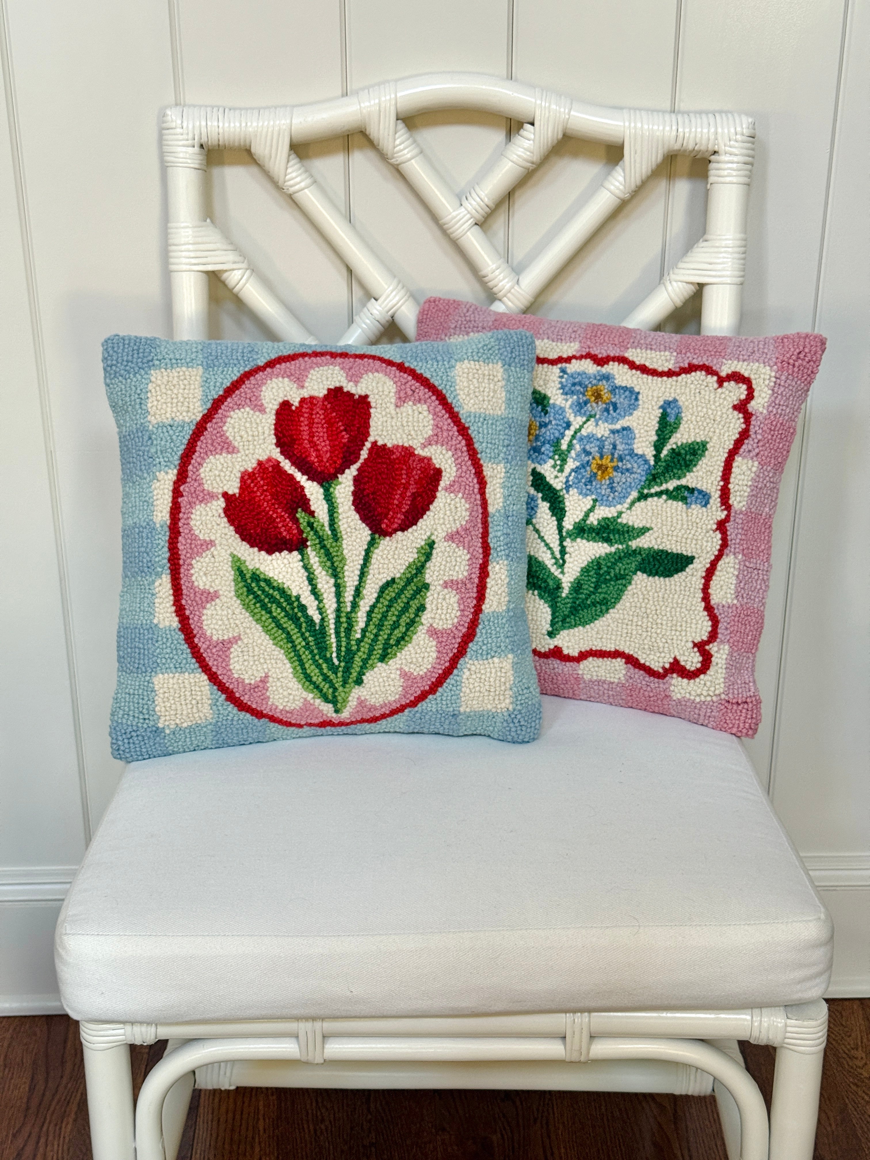 Blue flowers and pink gingham hand hooked pillow