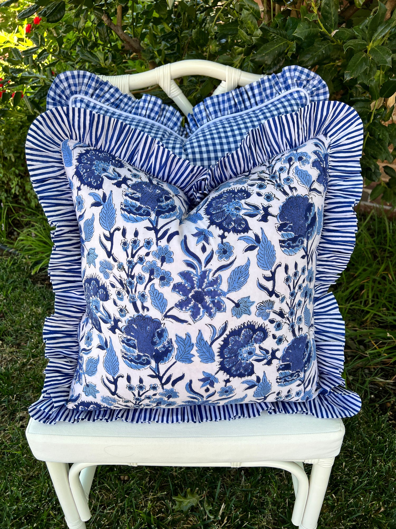 Blue and white block print floral ruffle pillow cover