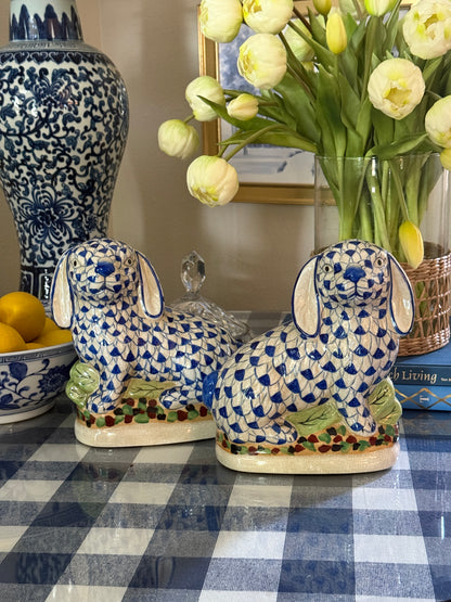 Blue fishnet Staffordshire bunny pair 8.5”