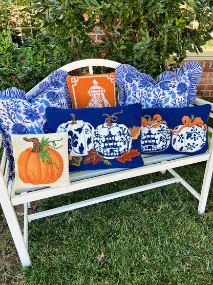 Blue and white block print floral ruffle pillow cover