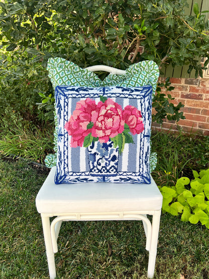 Chinoiserie and pink peonies on blue stripes pillow