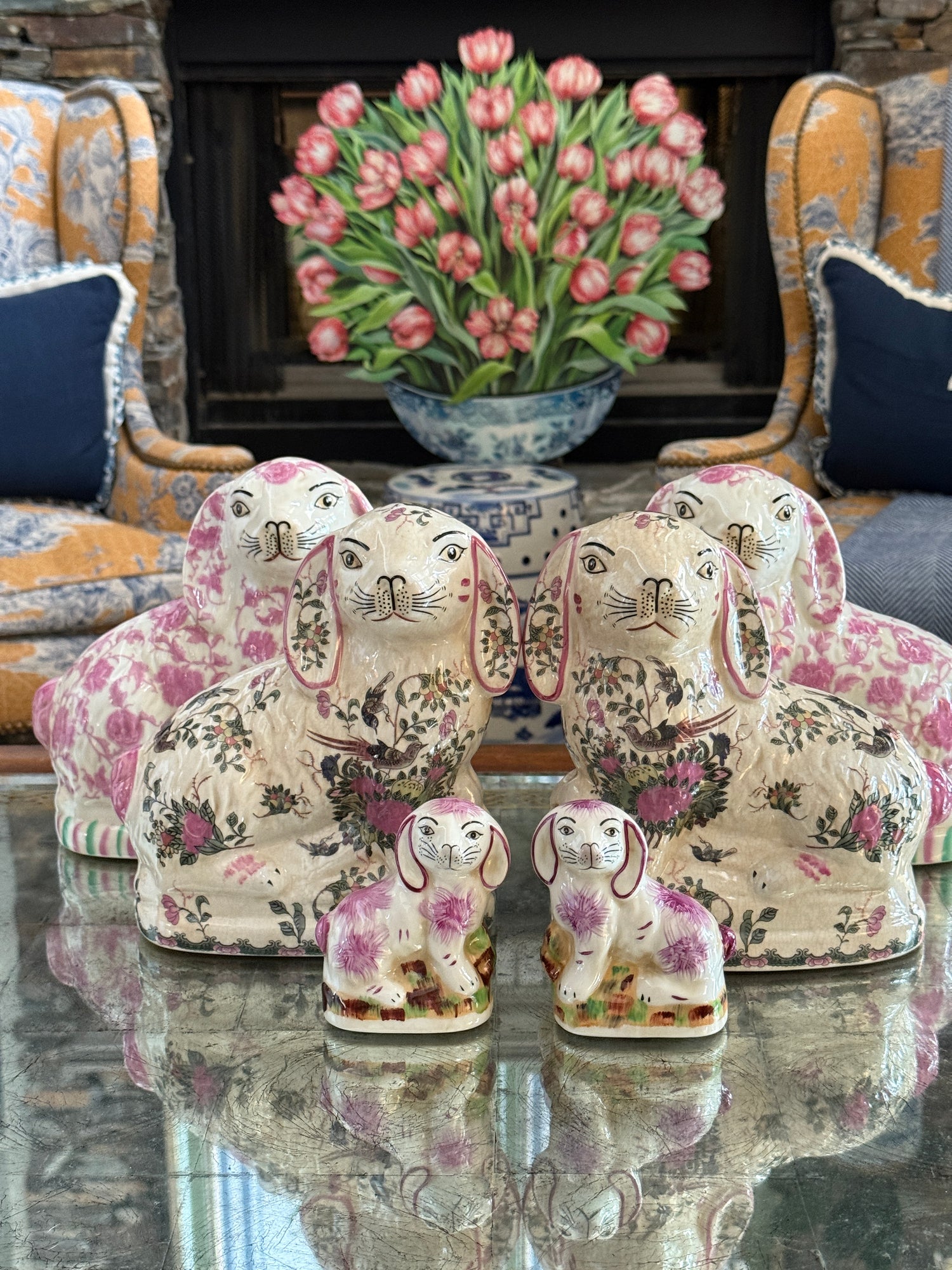 Rose medallion porcelain Staffordshire bunny pair