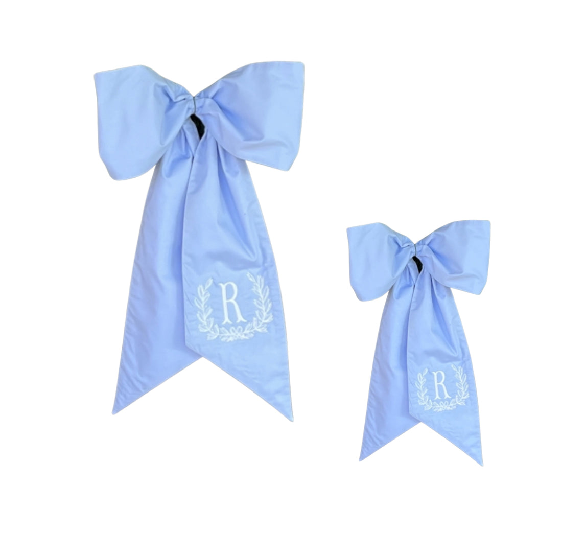 Handmade luxury wreath bow, French blue dupioni and blue gingham check –  Grace Harris Collection