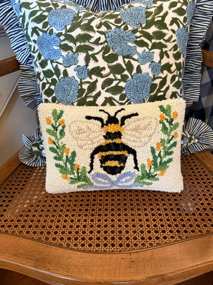 The cutest little hand hooked bee pillow
