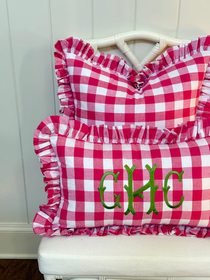 Hot pink buffalo check ruffle pillow cover two sizes