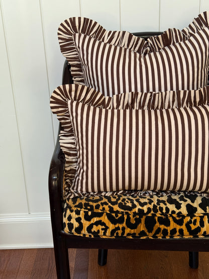Brown and cream striped ruffle pillow cover, two sizes