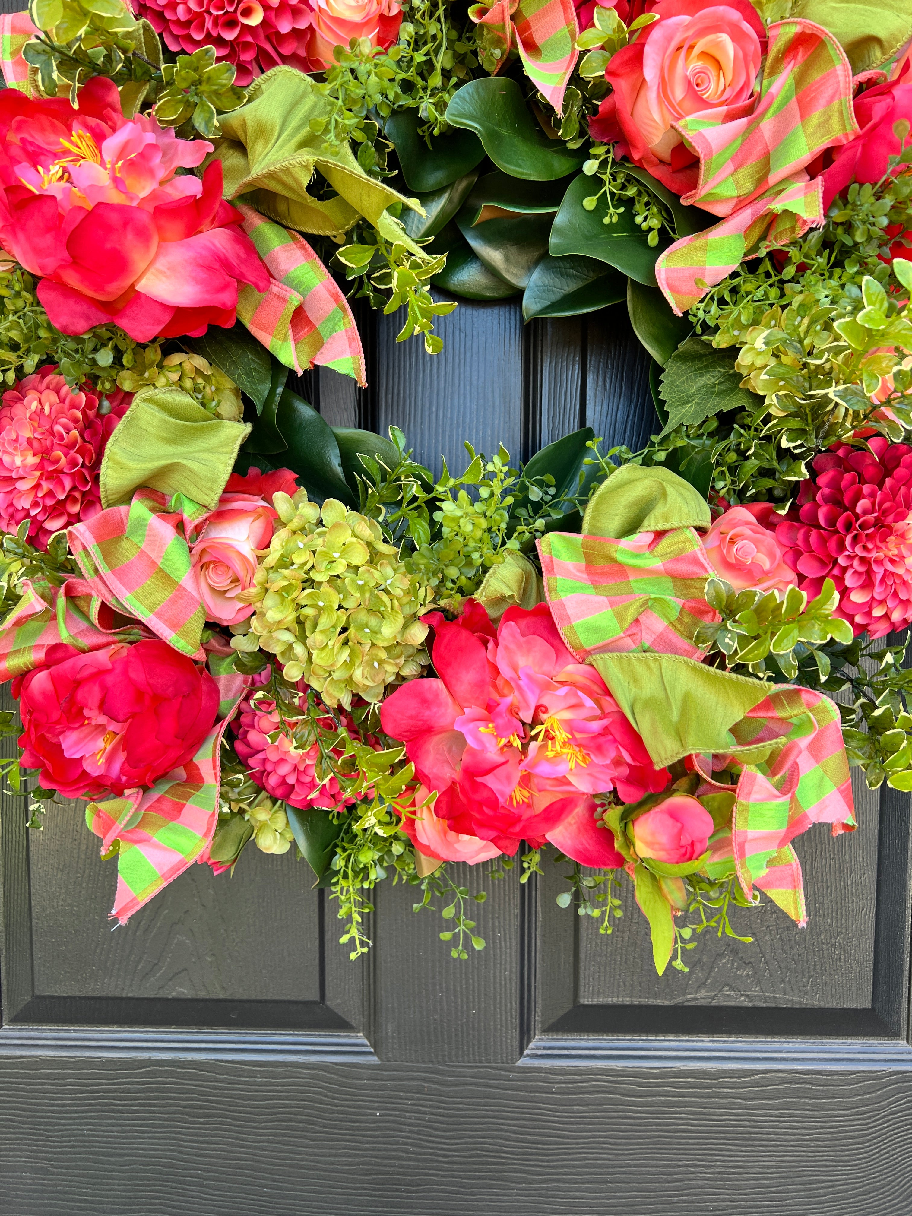 Coral and green Spring and Summer wreath with optional gingham dupioni ribbon