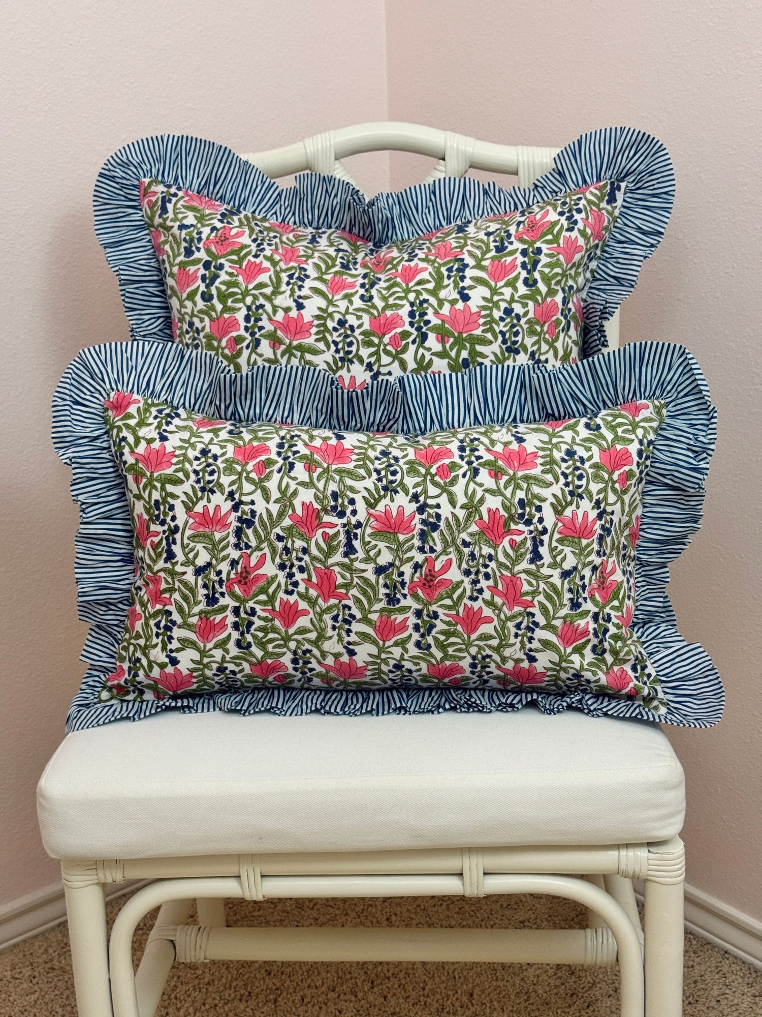 Blue, pink, and green floral pillow cover, two sizes