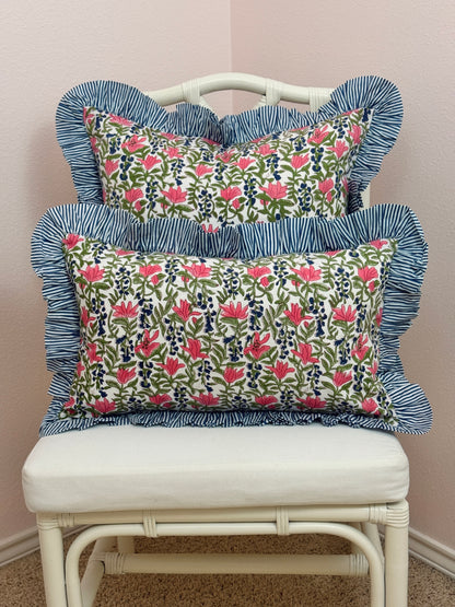 Blue, pink, and green floral pillow cover, two sizes
