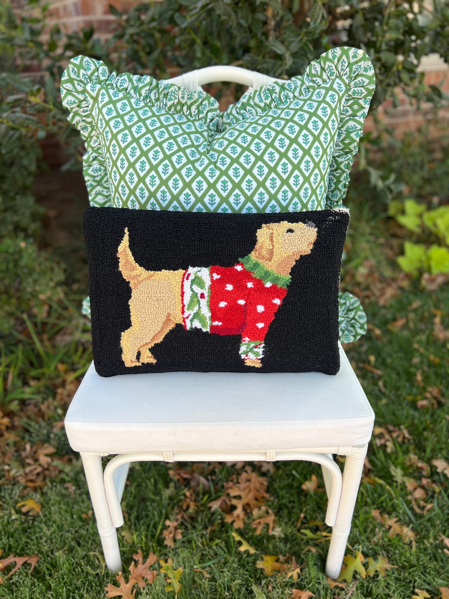 Christmas sweater pup hand hooked pillow