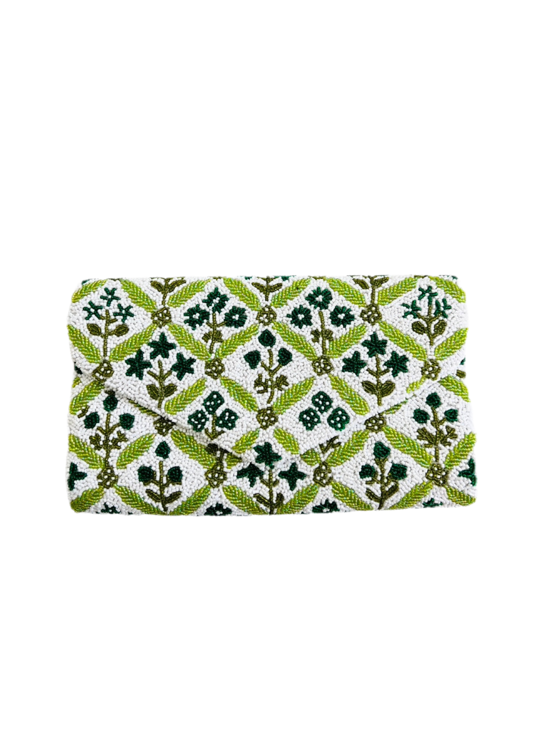 Hand beaded green and white block print floral trellis clutch