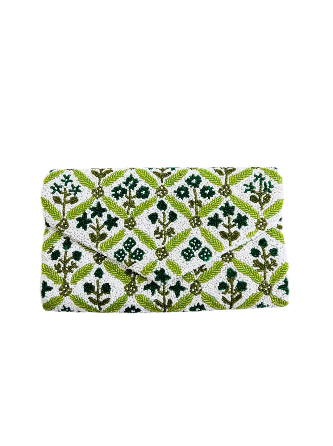 Hand beaded green and white block print floral trellis clutch *in stock ships now*