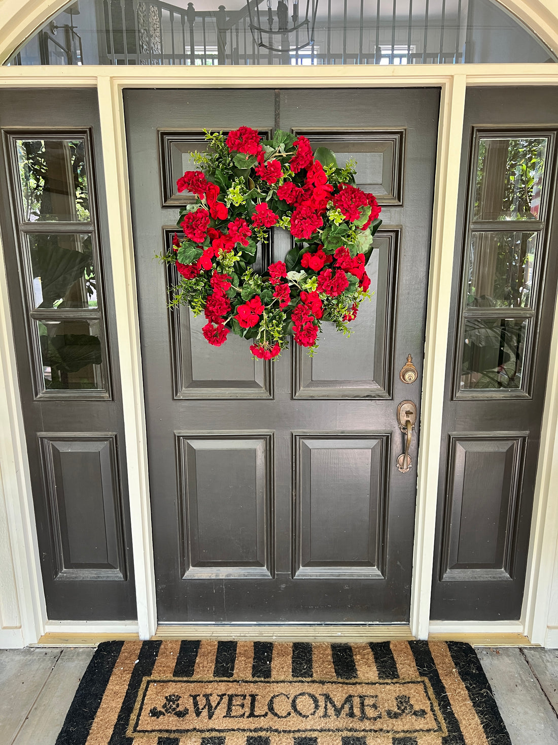 Red geranium and begonia wreath 30”