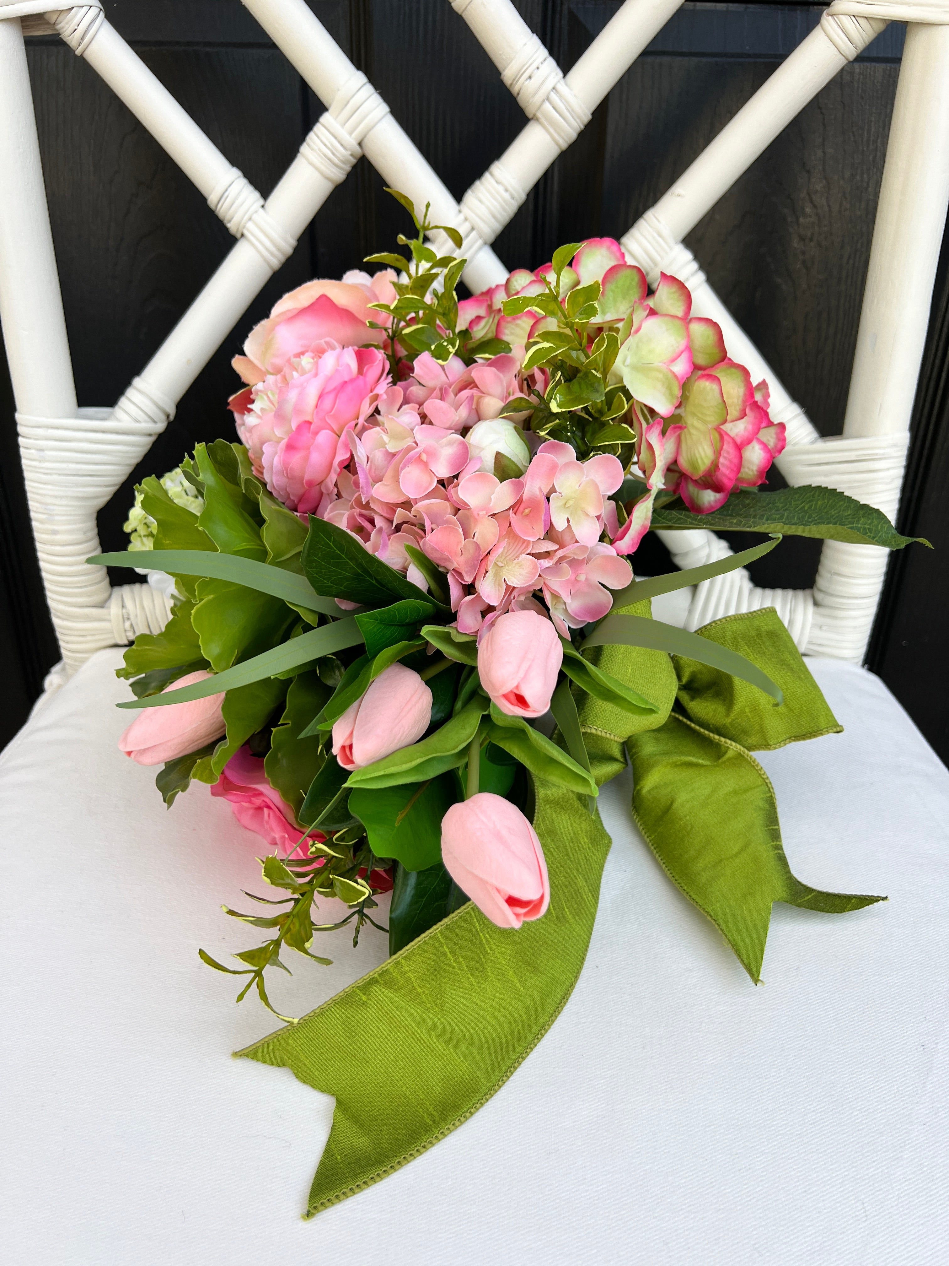 Faux flower drop-in bouquet arrangement, pink and green