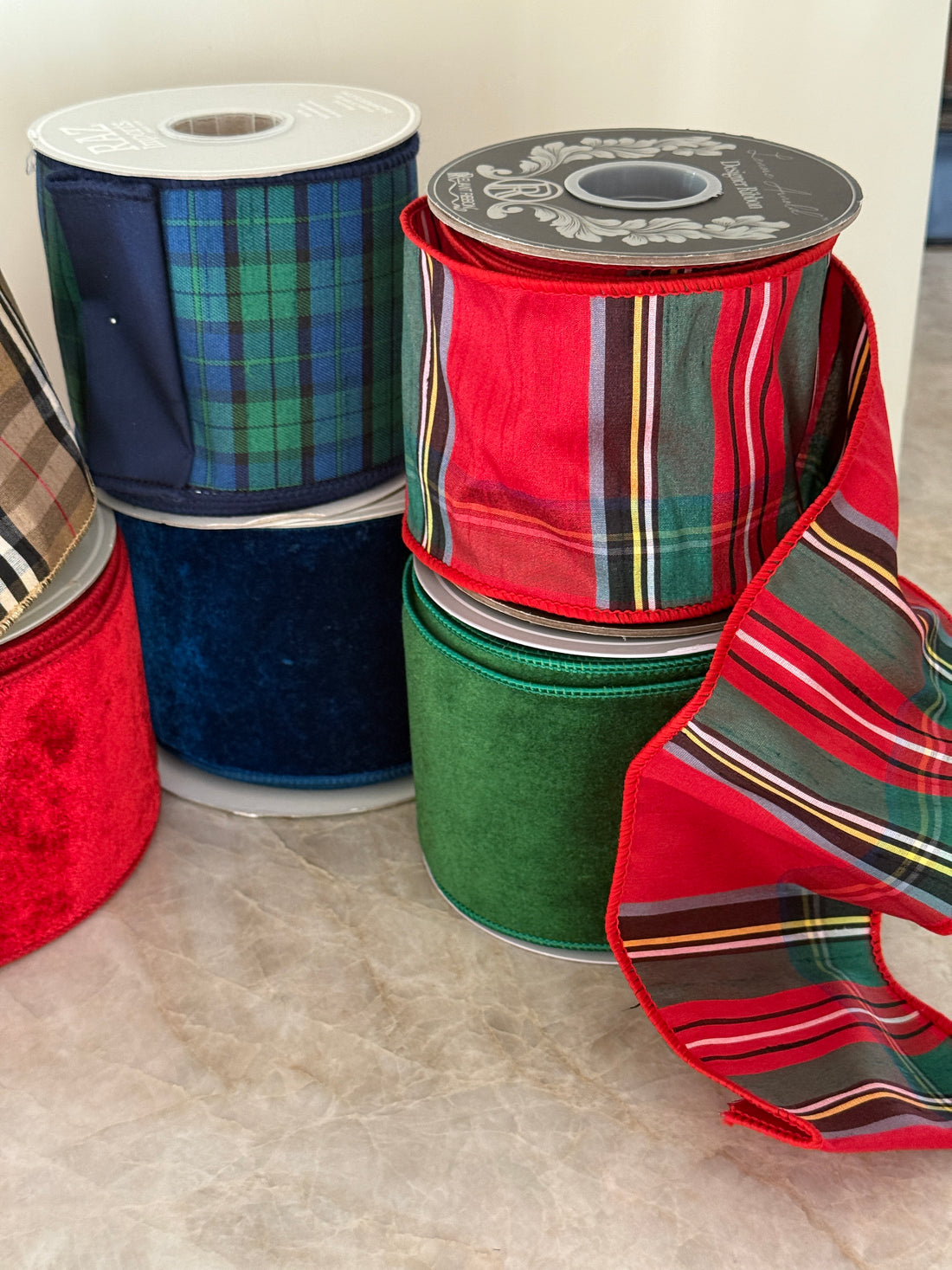 Christmas red tartan plaid ribbon by the roll, 4” x 10 yards