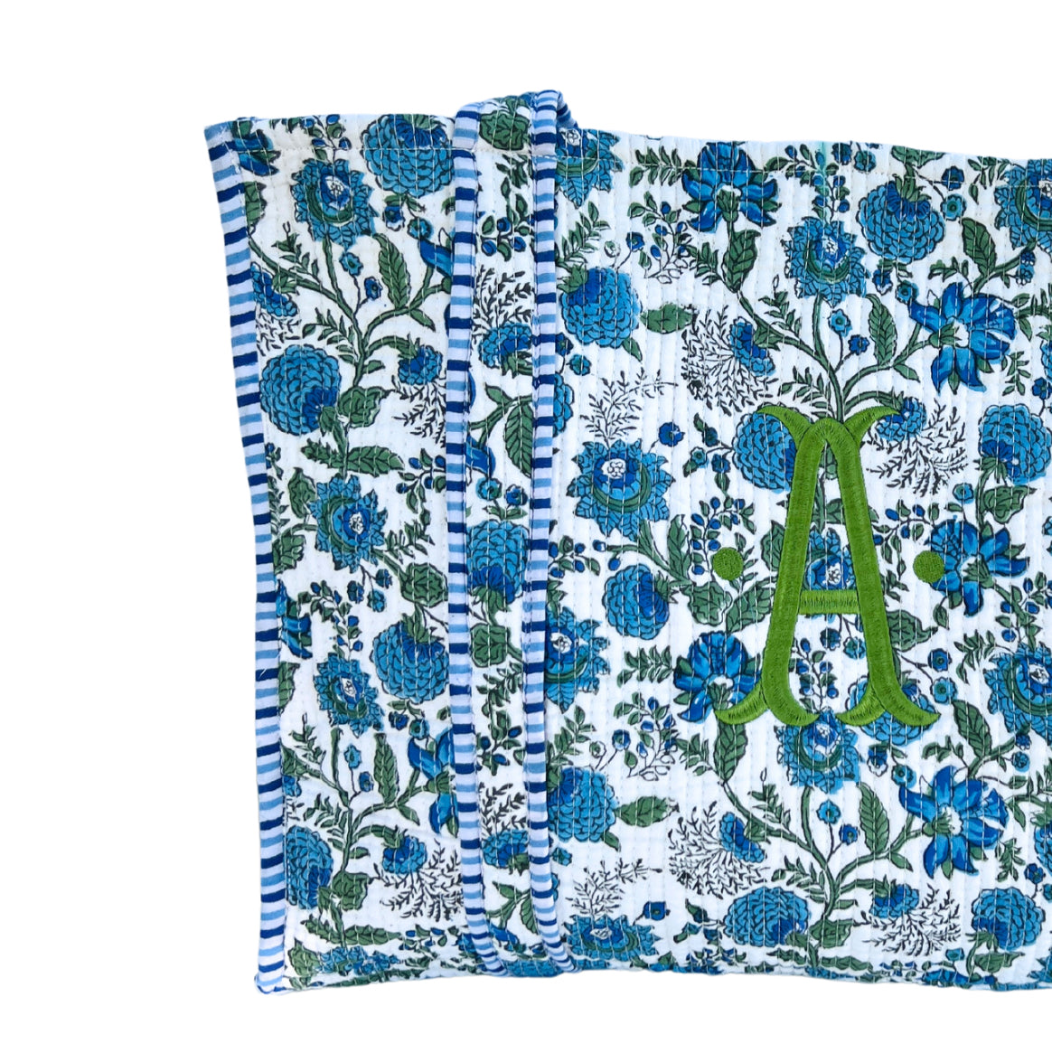 Blue and green block print tote bag monogram available