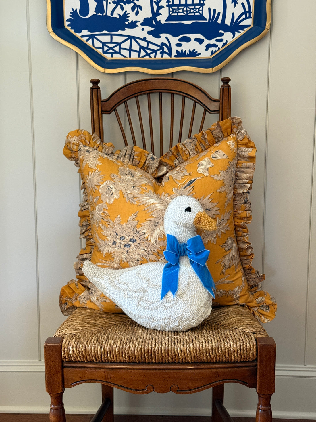 Hand hooked goose pillow