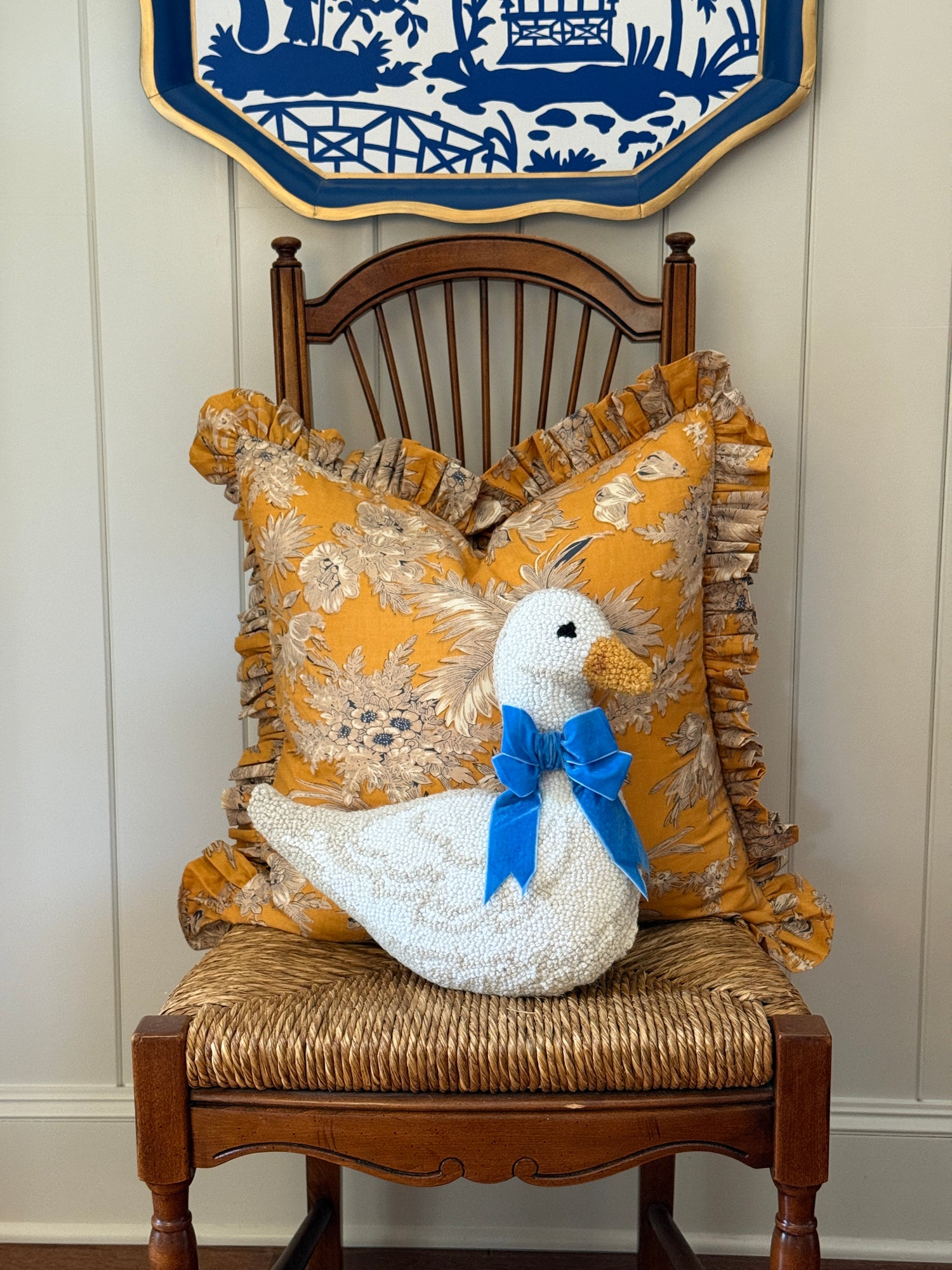 Hand hooked goose pillow