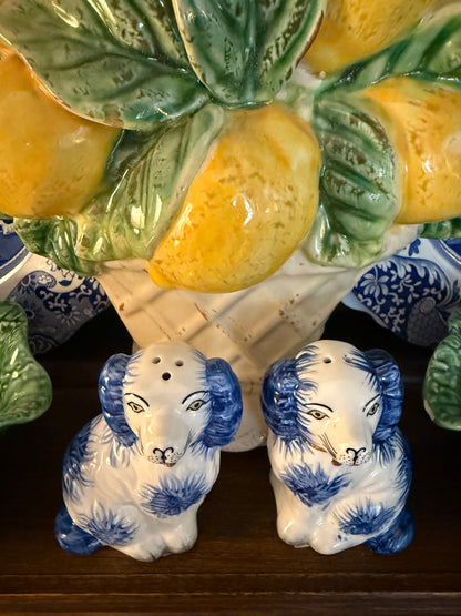 Blue porcelain Staffordshire dog salt and pepper shaker set