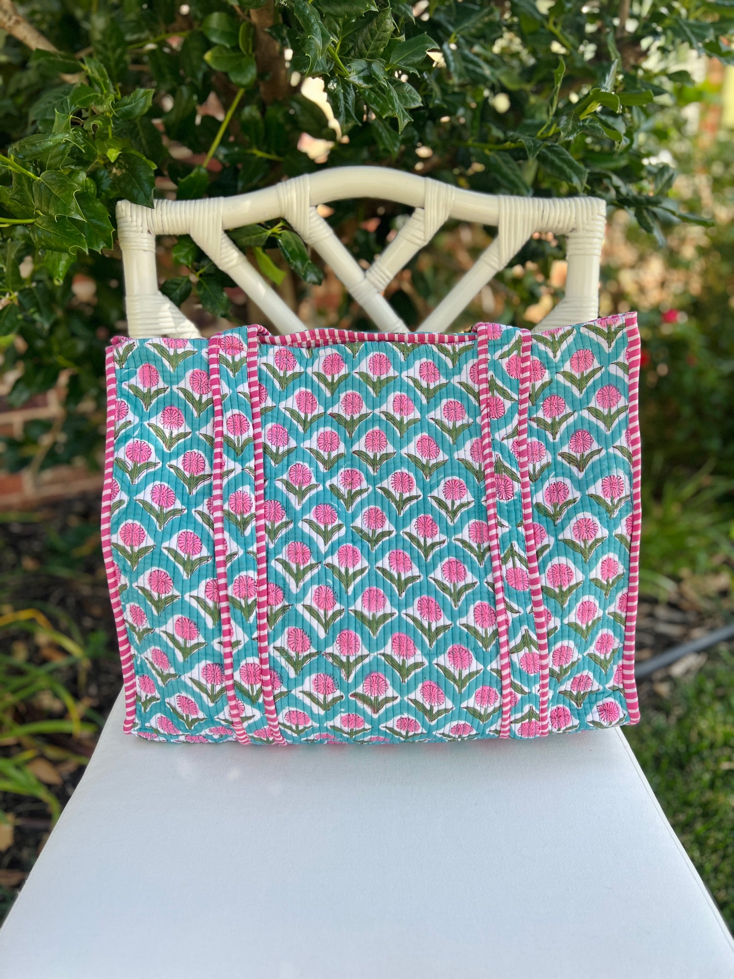 Blue and pink quilted block print tote bag monogram available