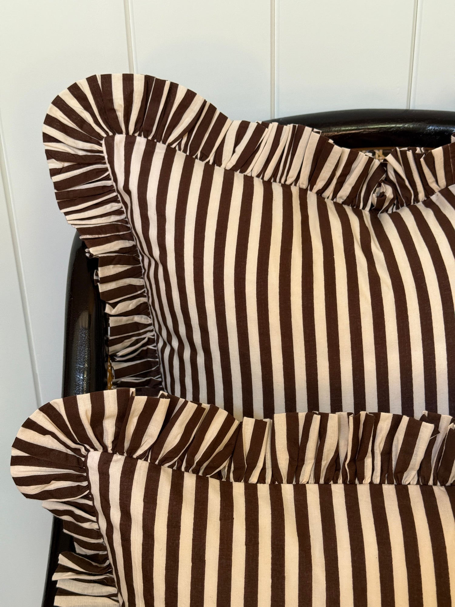 Brown and cream striped ruffle pillow cover, two sizes