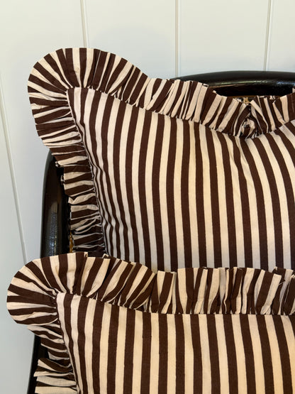 Brown and cream striped ruffle pillow cover, two sizes
