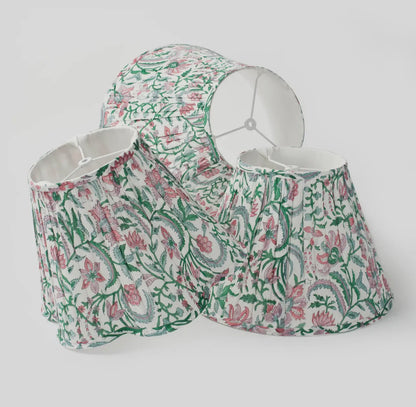 Gathered printed lampshades, pink and green floral