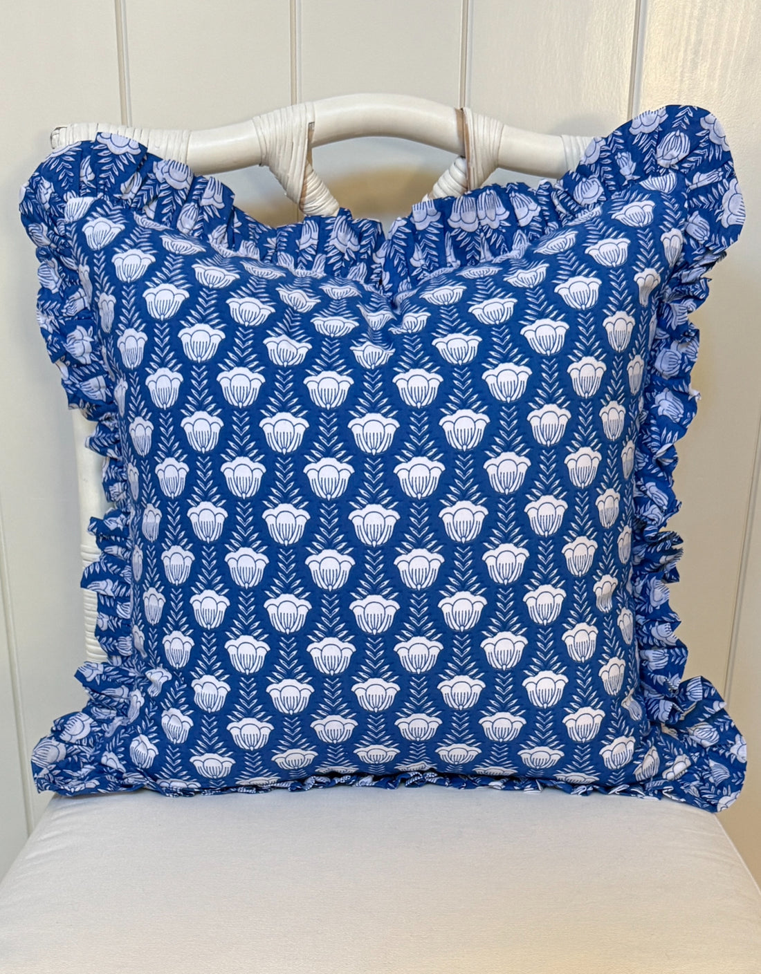 Blue and white tulip block print floral pillow cover, monogram available