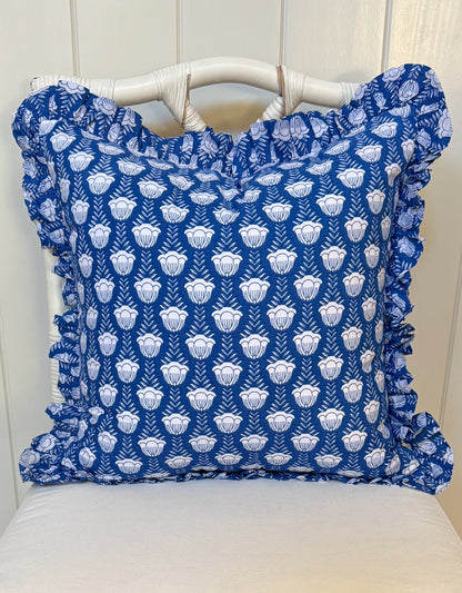 Blue and white tulip block print floral pillow cover, monogram available