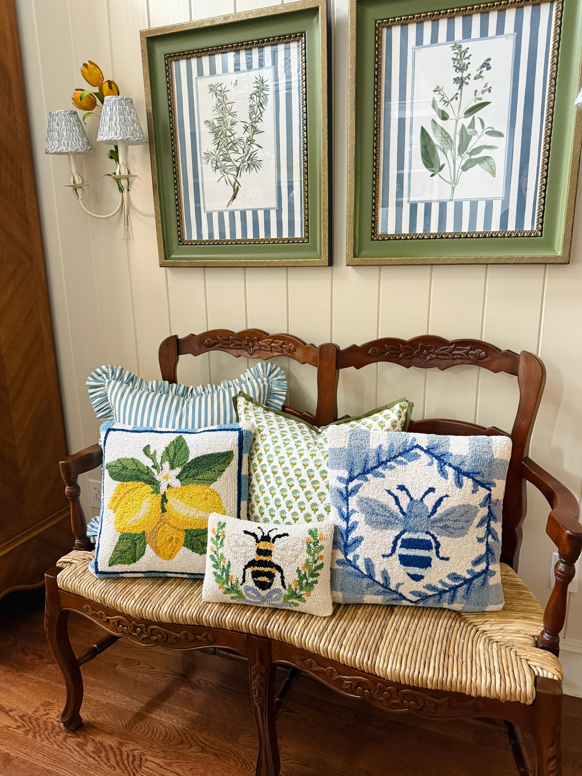 Blue and white bee and gingham hand hooked pillow