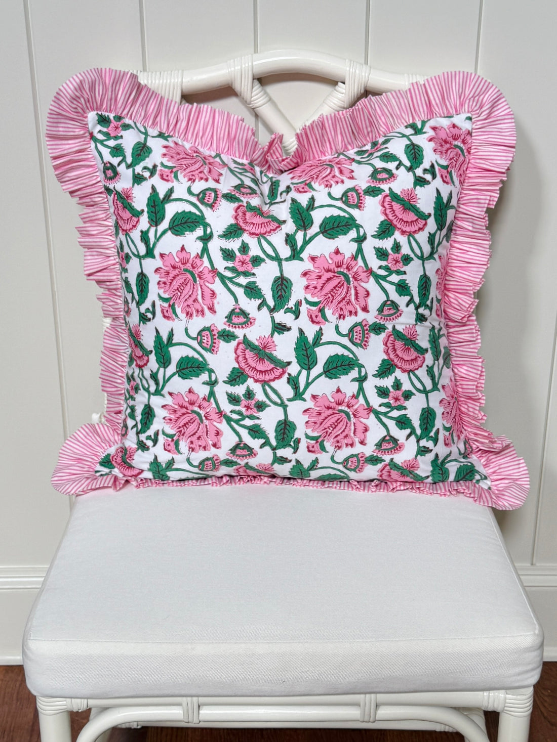 Pink and emerald green vine floral block print pillow cover with pink striped ruffle trim
