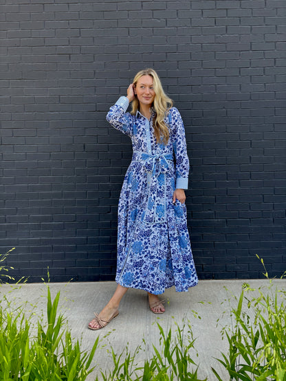 The Mary maxi shirtdress in blue and white porcelain block print Grace Harris Collection The Mary maxi shirtdress in blue and white porcelain block print Grace Harris Collection