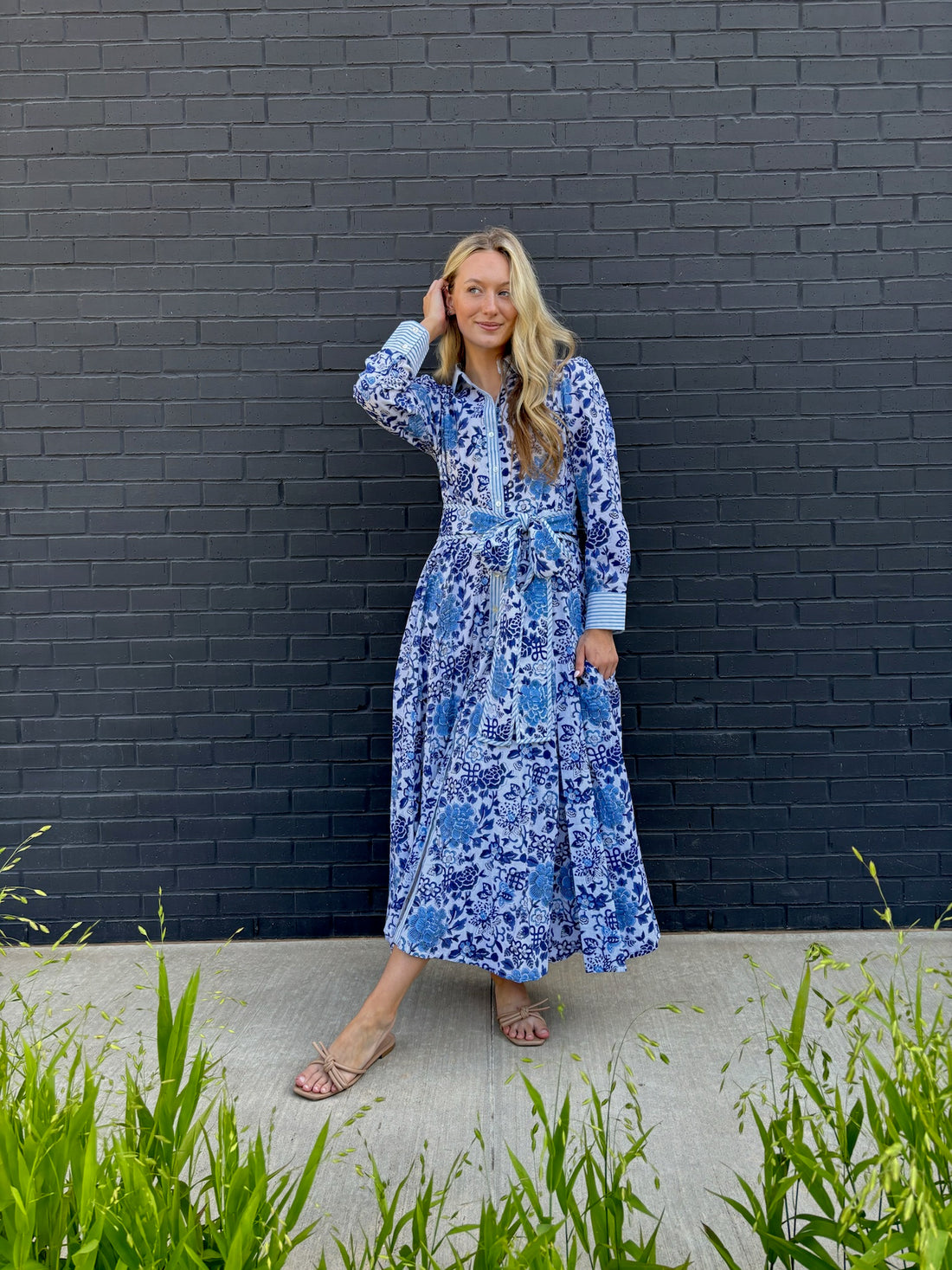 The Mary maxi shirtdress in blue and white porcelain block print