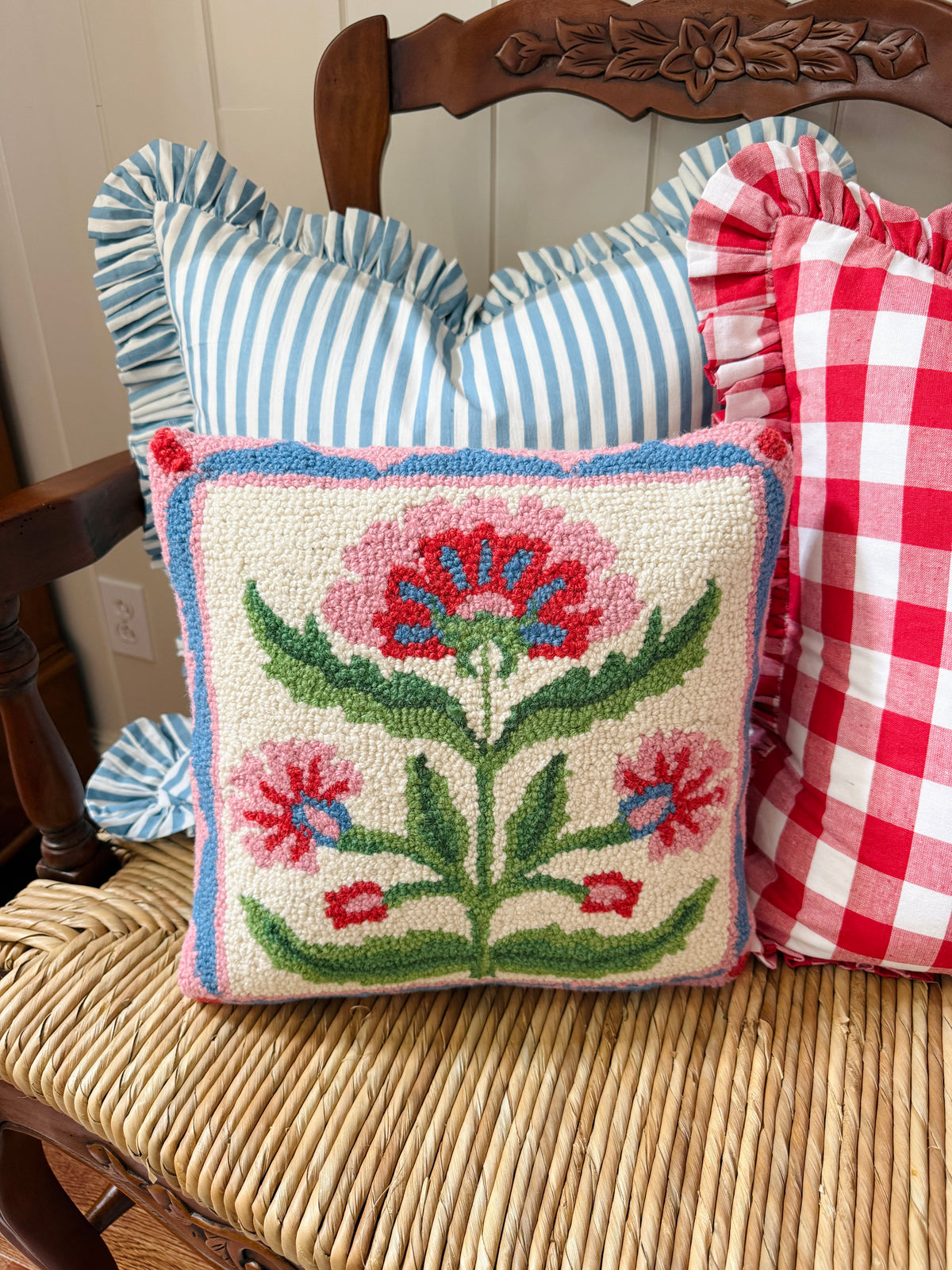Mughal floral square hand hooked pillow pink and blue