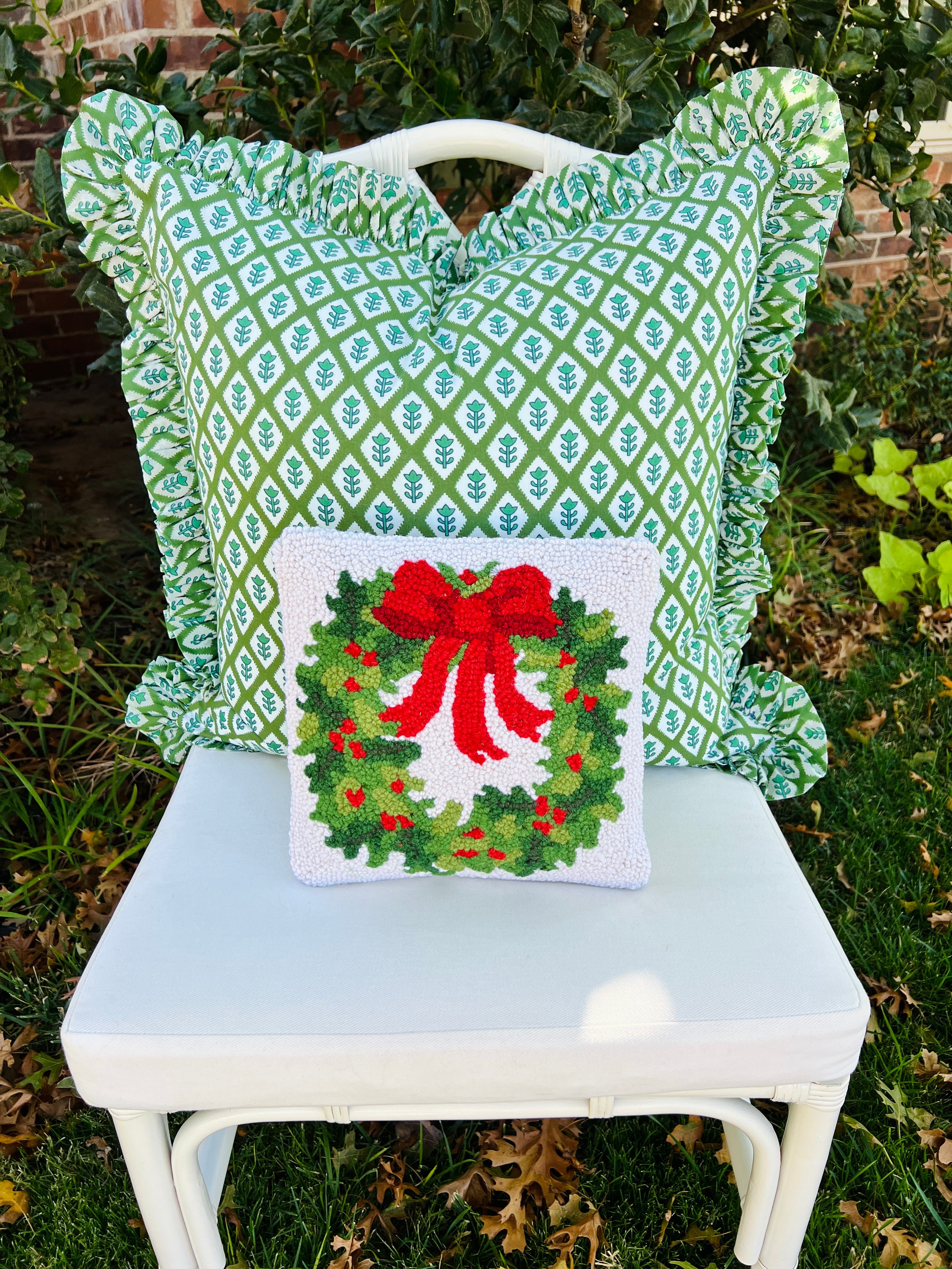 Little holiday wreath hand hooked pillow