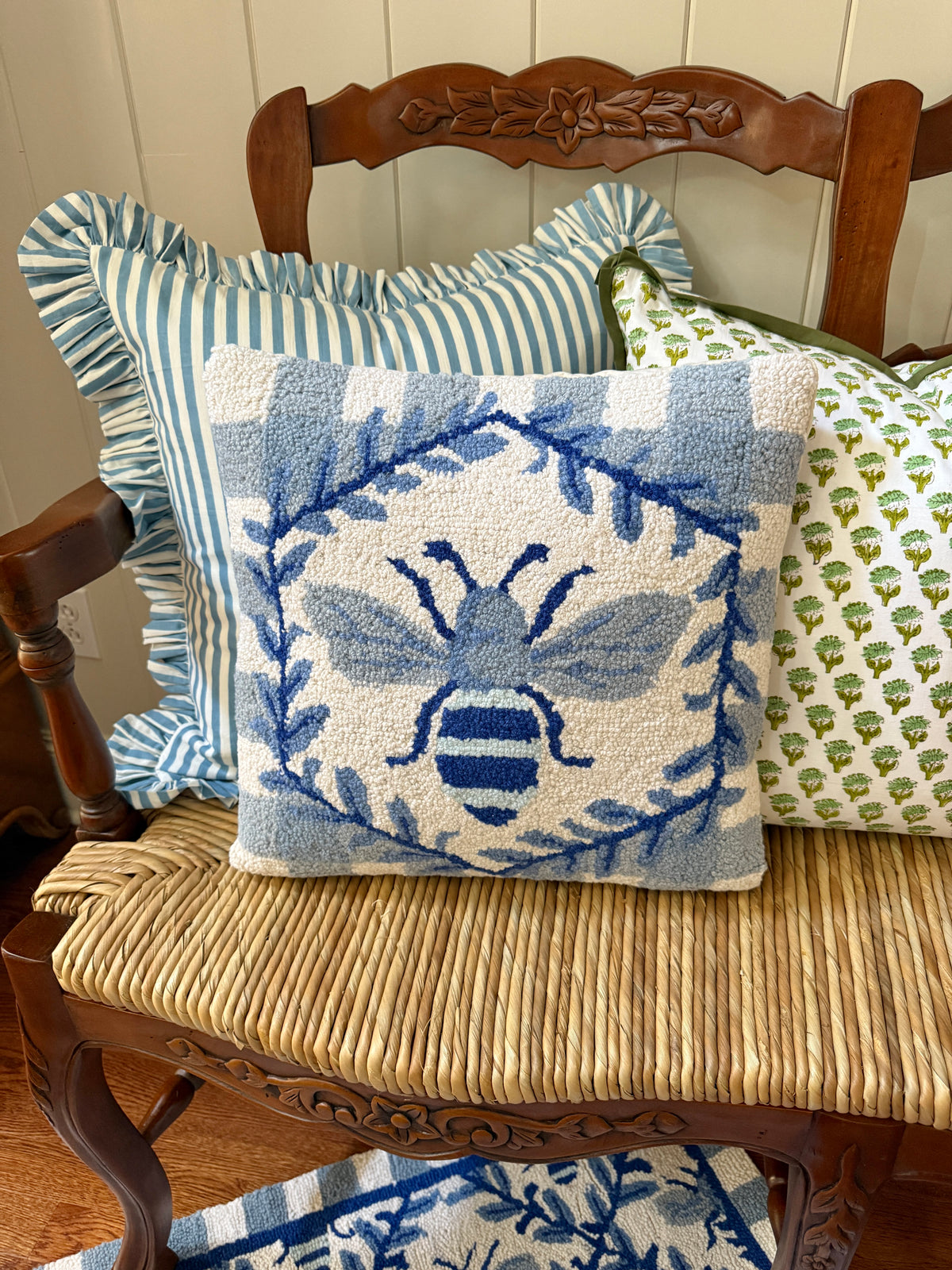 Blue and white bee and gingham hand hooked pillow