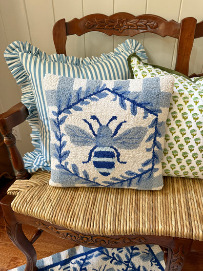 Blue and white bee and gingham hand hooked pillow
