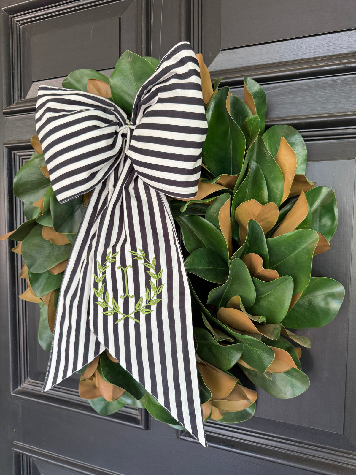 Black and white stripe signature wreath sash monogram available