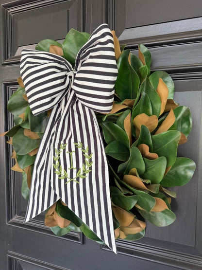 Black and white stripe signature wreath sash monogram available