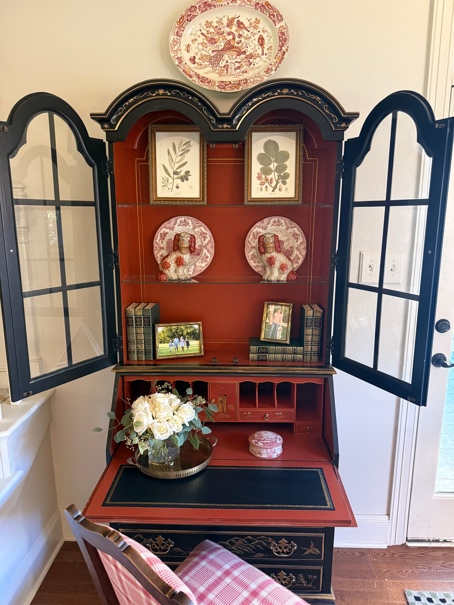 Staffordshire dog pair with flower baskets- rust