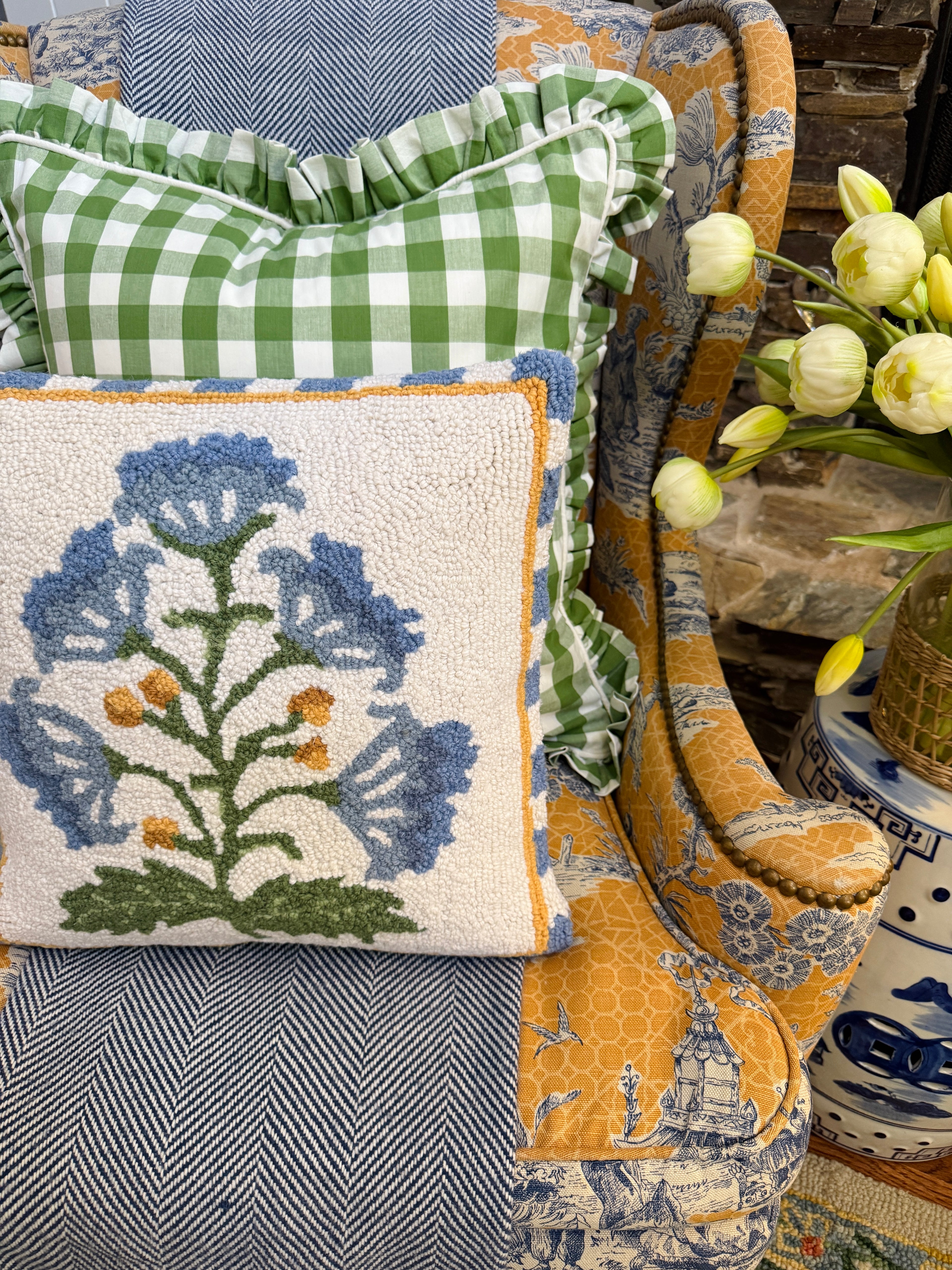 Mughal blue flower hand hooked pillow