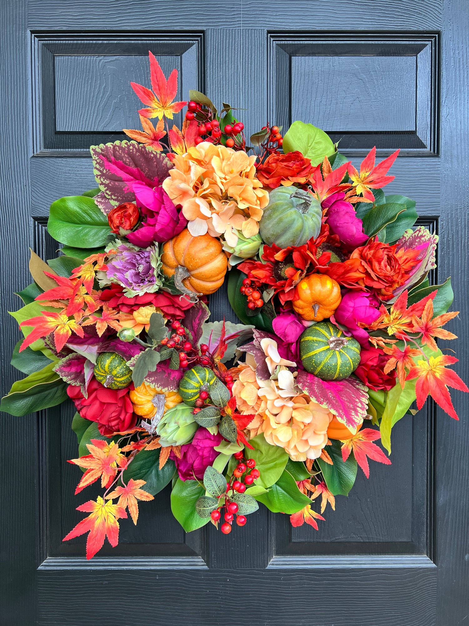 Fall floral and pumpkin wreath, bright colors with optional gingham ribbon, 3 sizes available