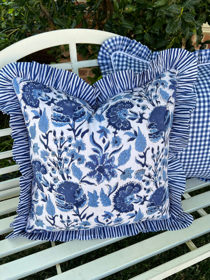 Blue and white block print floral ruffle pillow cover