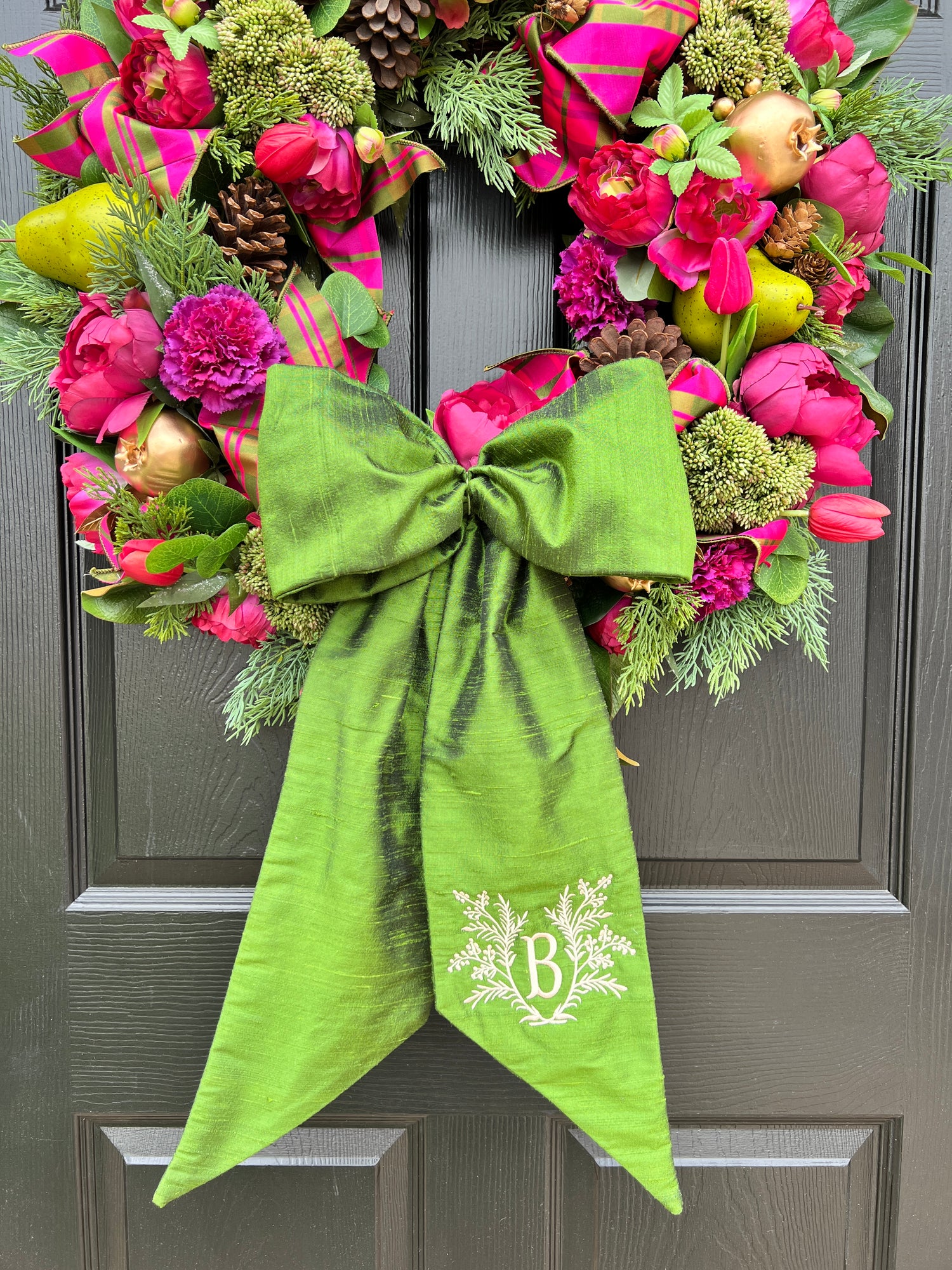 Luxe rich green 100 percent silk wreath sash