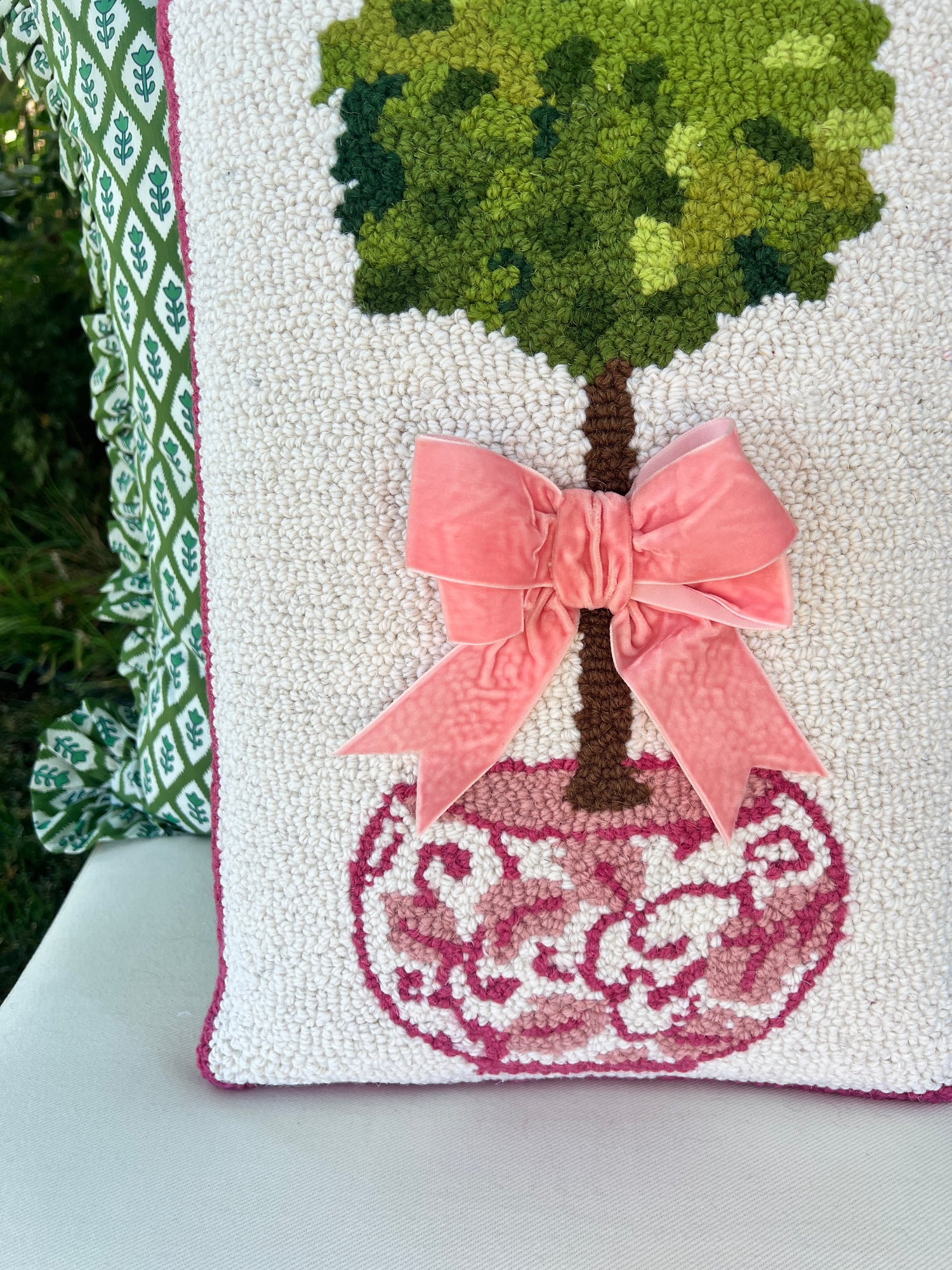 Pink chinoiserie hooked wool topiary pillow