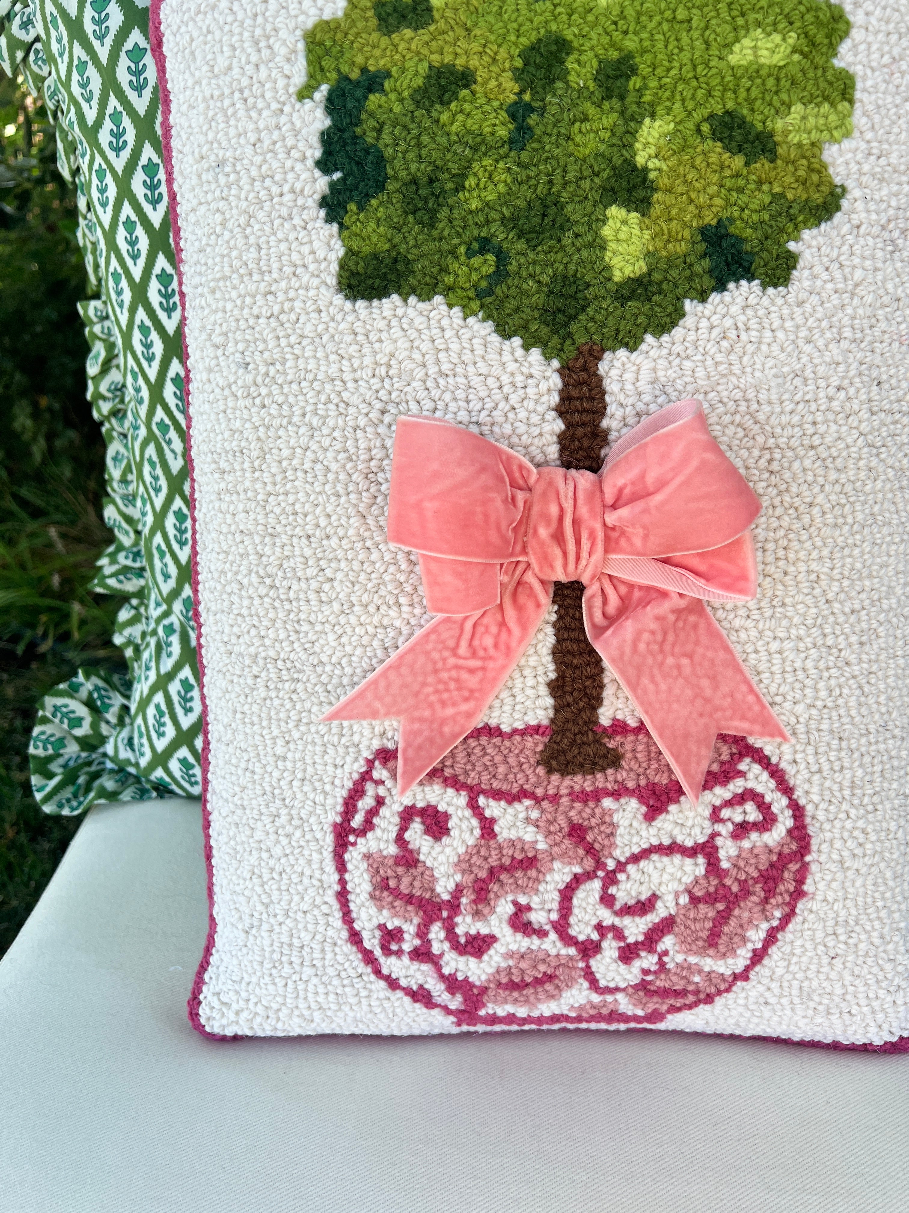 Pink chinoiserie hooked wool topiary pillow