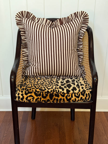 Brown and cream striped ruffle pillow cover, two sizes