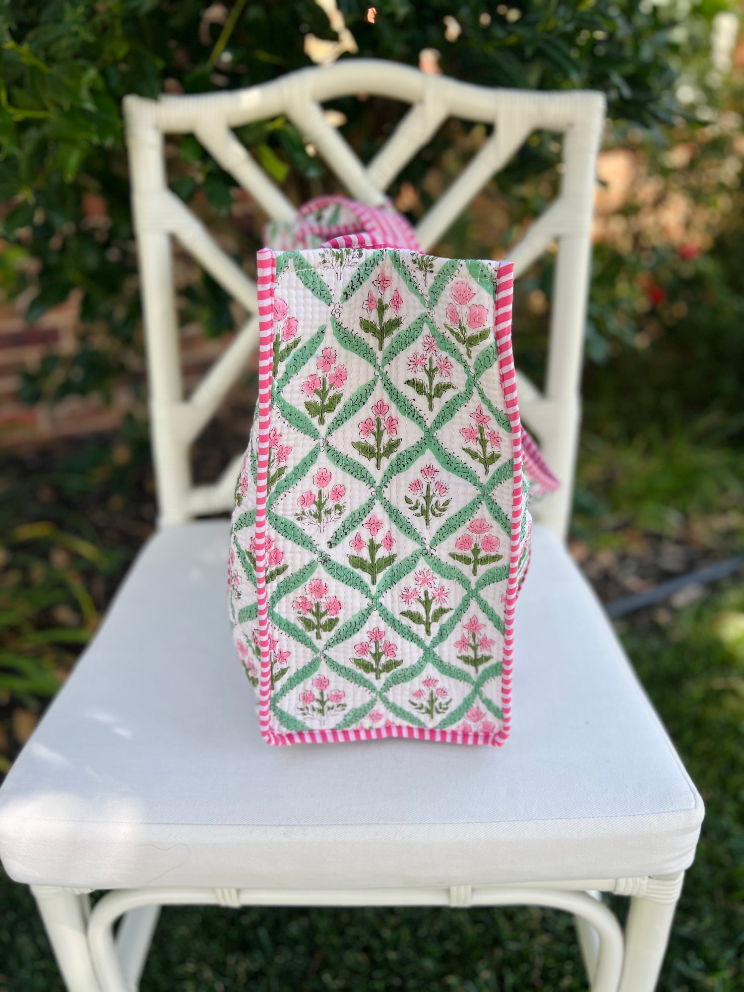 Pink and green quilted block print tote bag monogram available