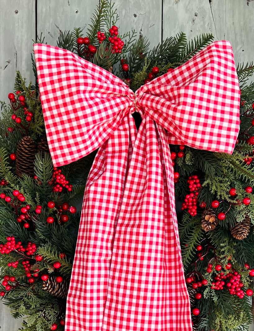 Red and white gingham wreath bow sash custom monogram available